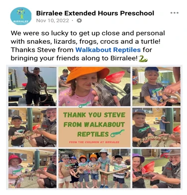 We were so lucky to get up close and personal with snakes, lizards, frogs, crocs and a turtle! Thanks Steve from Walkabout Reptiles for bringing your friends along to Birralee!🐍